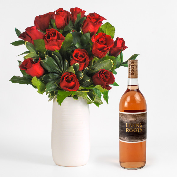 Dozen Red Roses and Rose Wine