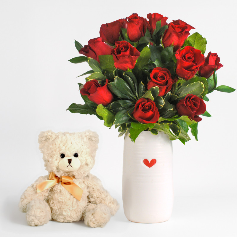 Bear Hug Classic Dozen Rose Package - Same Day Delivery