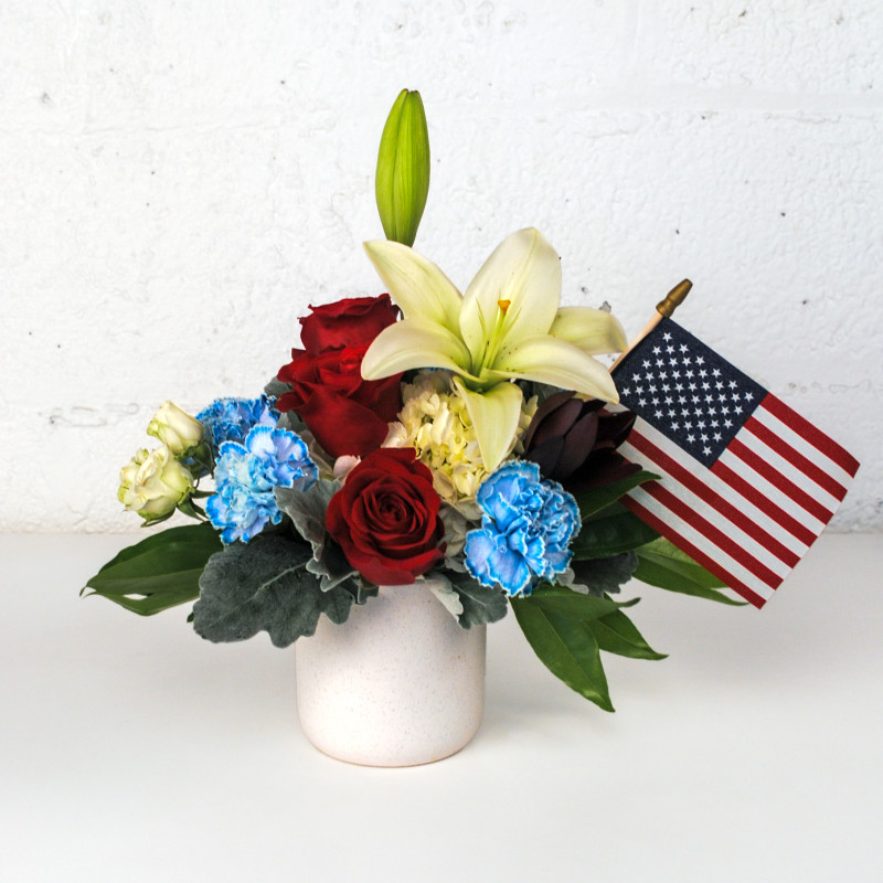 Red White and Blooms Vased Arrangement - Same Day Delivery