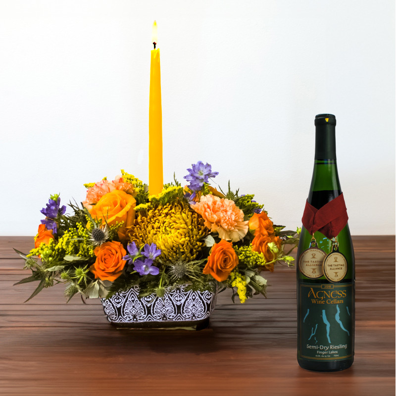 Boho Autumn Glow Centerpiece and Riesling Duo - Same Day Delivery