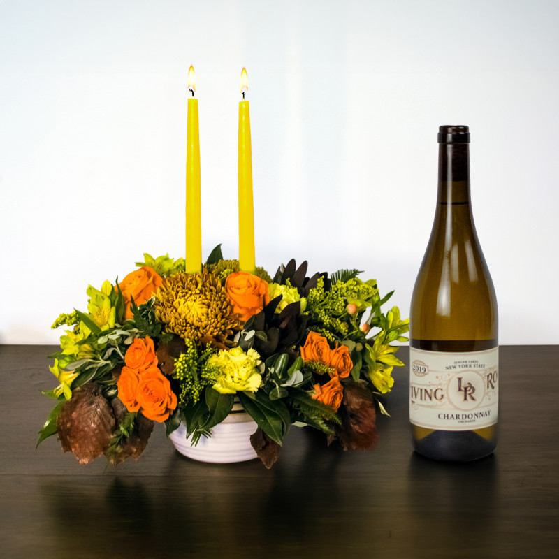 Golden Harvest Centerpiece and Chardonnay Duo - Same Day Delivery